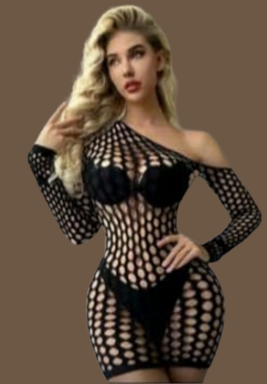 Black Net Cutout One-Shoulder Dress